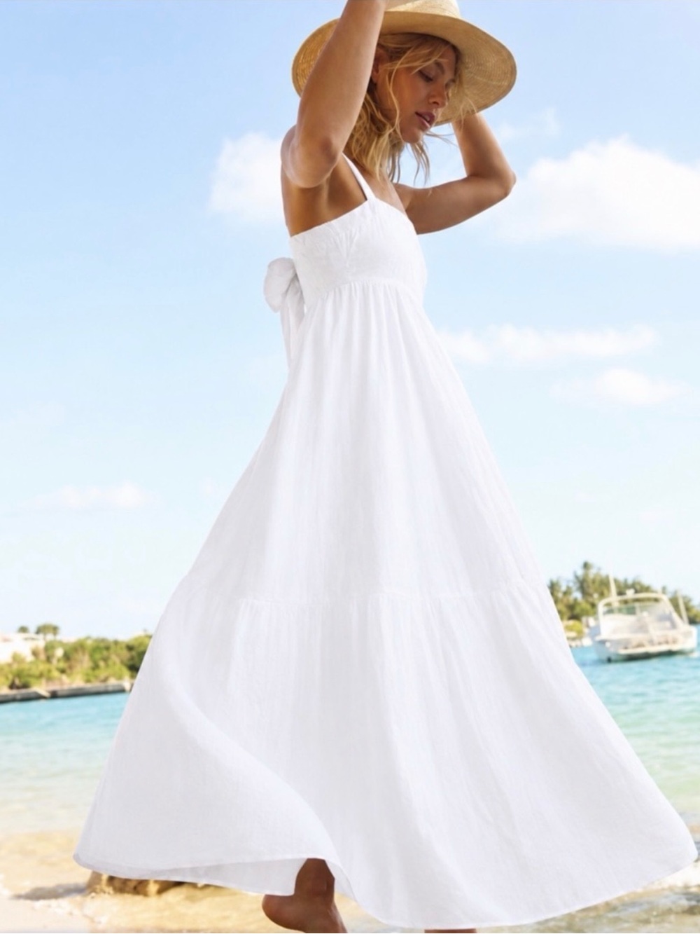 Southern Tide Classic White Linen Tie Back Maxi Dress: Size-XS